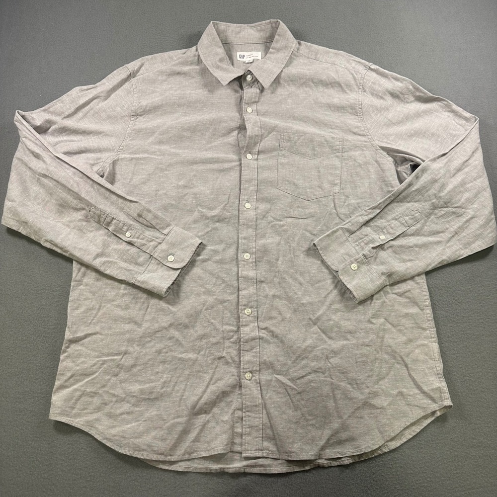 Gap Mens XL Standard Fit Linen Cotton Button Down Shirt Gray Long Sleeve